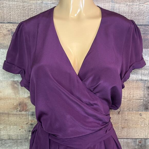 Rory Beca 100% Silk Purple Wrap Romper Short Sleeve Shorts Size Medium - Picture 2 of 13